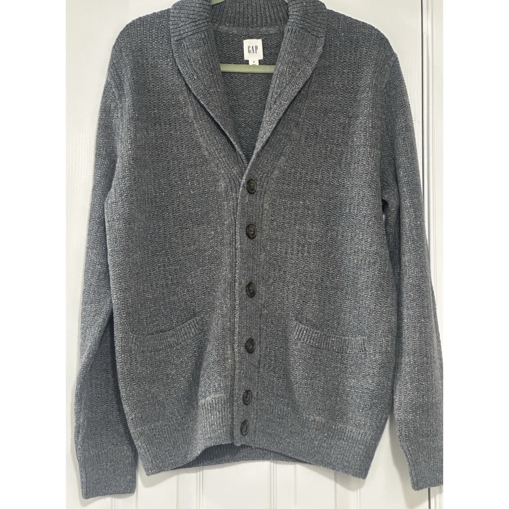 GAP Mens Medium Gray Shawl Collar Button Front Cardigan Sweater Knit Pockets